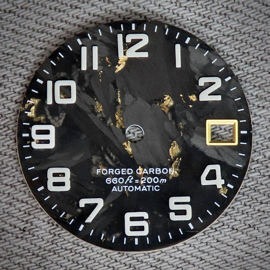 Dial Maker - Black Forged Carbon Dial with Gold leaf, Metallic Veining BGW9 Lume