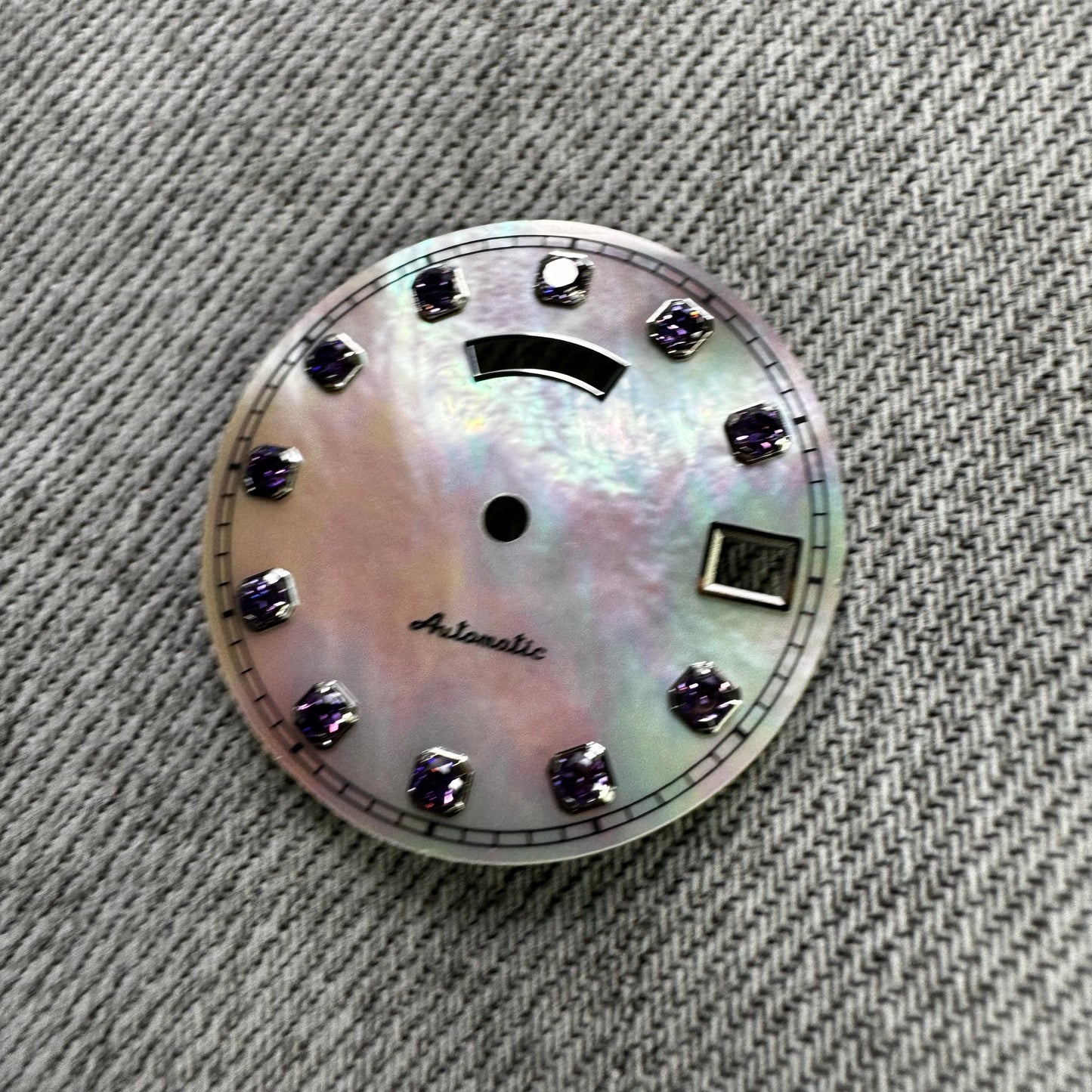 Dial maker - White MOP dial with purple Gemstone / Full BGW9 lume day / date wheel For Seiko NH36 Movement