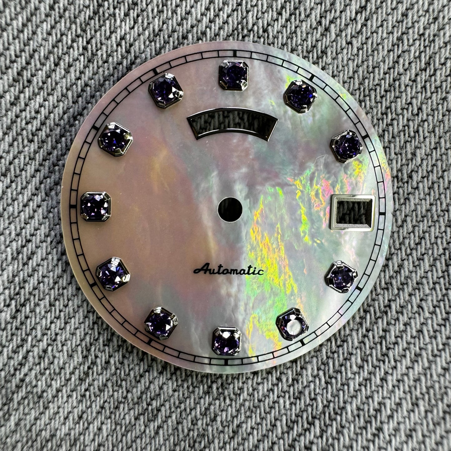 Dial maker - White MOP dial with purple Gemstone / Full BGW9 lume day / date wheel For Seiko NH36 Movement