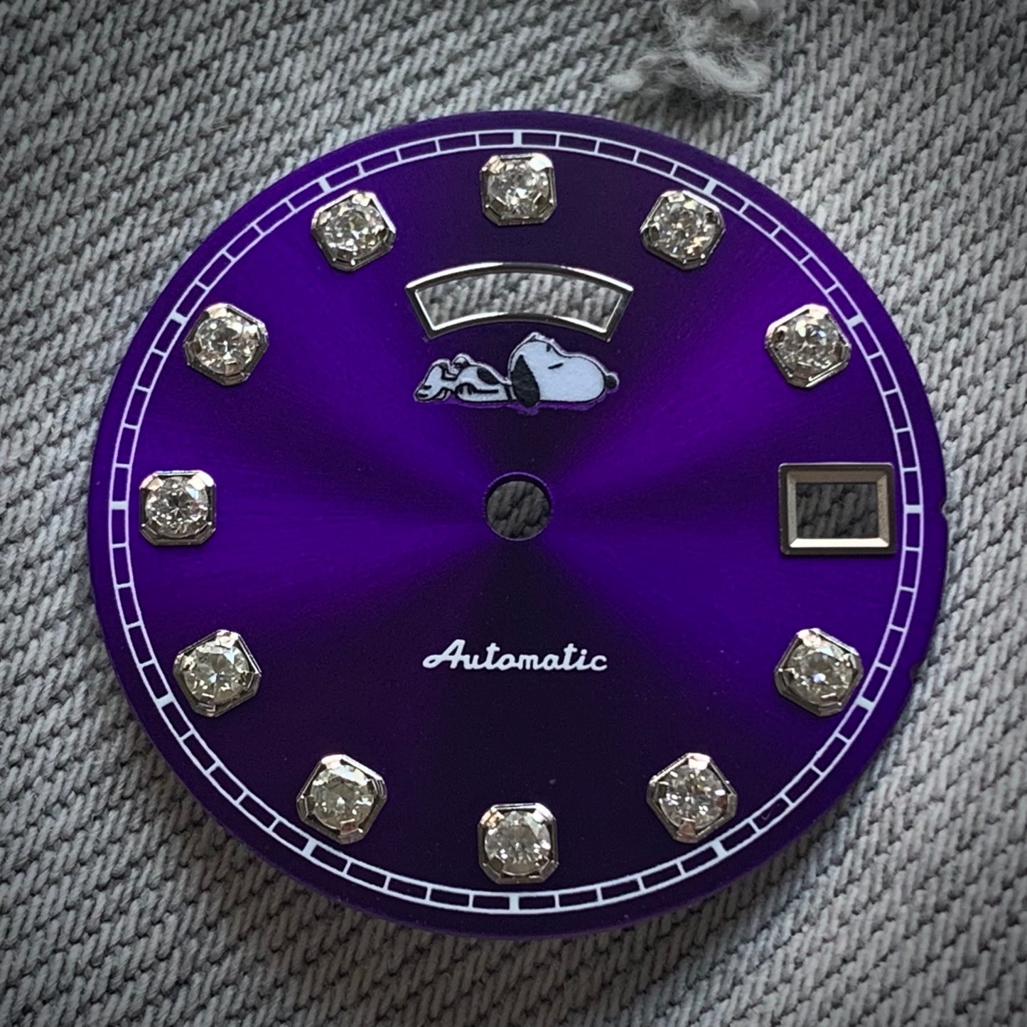 Dial maker - Purple sunburst dial with white Gemstone / Full BGW9 lume day / date wheel For Seiko NH36 Movement