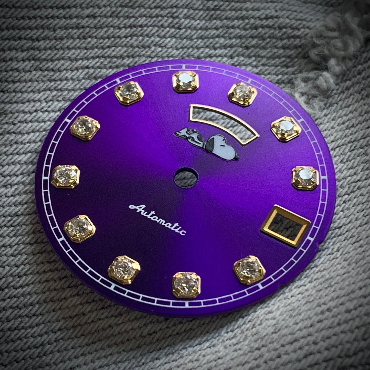 Dial maker - Purple sunburst dial with white Gemstone / Full BGW9 lume day / date wheel For Seiko NH36 Movement