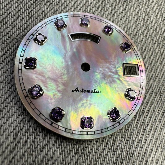 Dial maker - White MOP dial with purple Gemstone /  Full  BGW9 lume day / date wheel For Seiko NH36 Movement