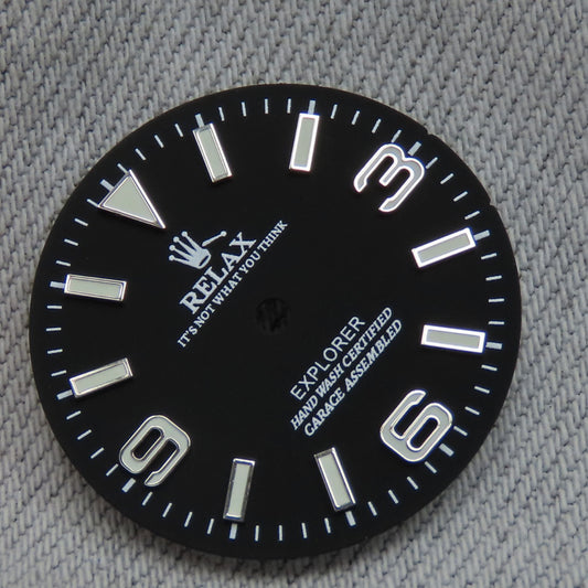 Dial Maker - Matte Black Relax Dial , Explorer Dial, Silver/BGW9 lume