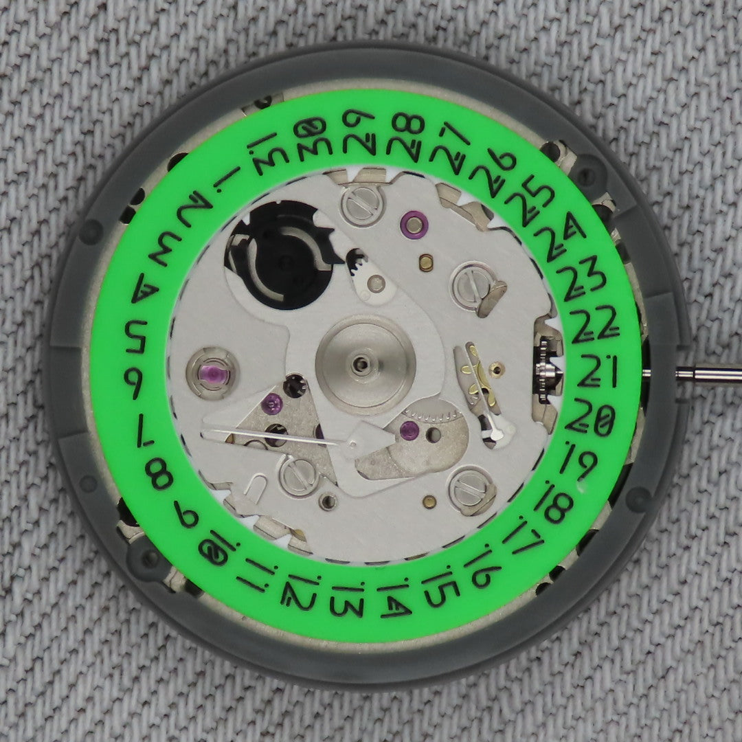 Malaysia Made-Seiko (TMI) NH35 Movement  With Full Green Lume date wheel