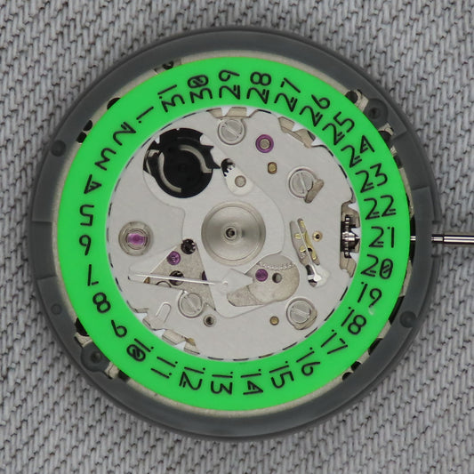 Malaysia Made-Seiko (TMI) NH35 Movement  With Full Green Lume date wheel
