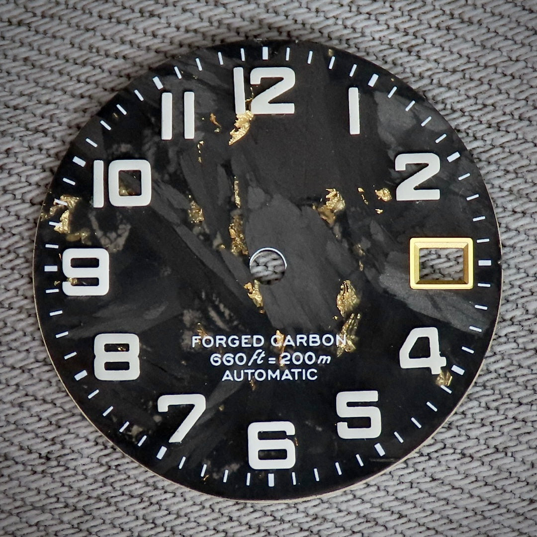 Dial Maker -  Black Forged Carbon Dial with Gold leaf, Metallic Veining BGW9 Lume