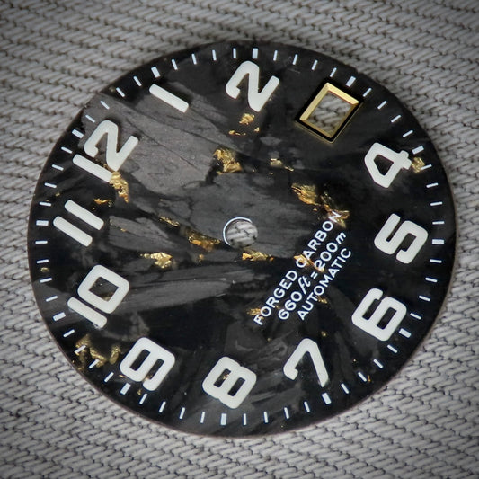Dial Maker -  Black Forged Carbon Dial with Gold leaf, Metallic Veining BGW9 Lume