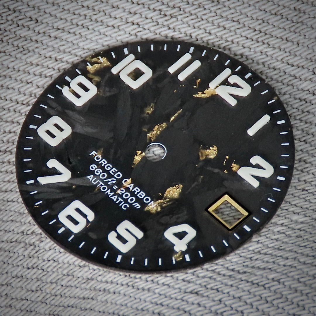 Dial Maker -  Black Forged Carbon Dial with Gold leaf, Metallic Veining BGW9 Lume