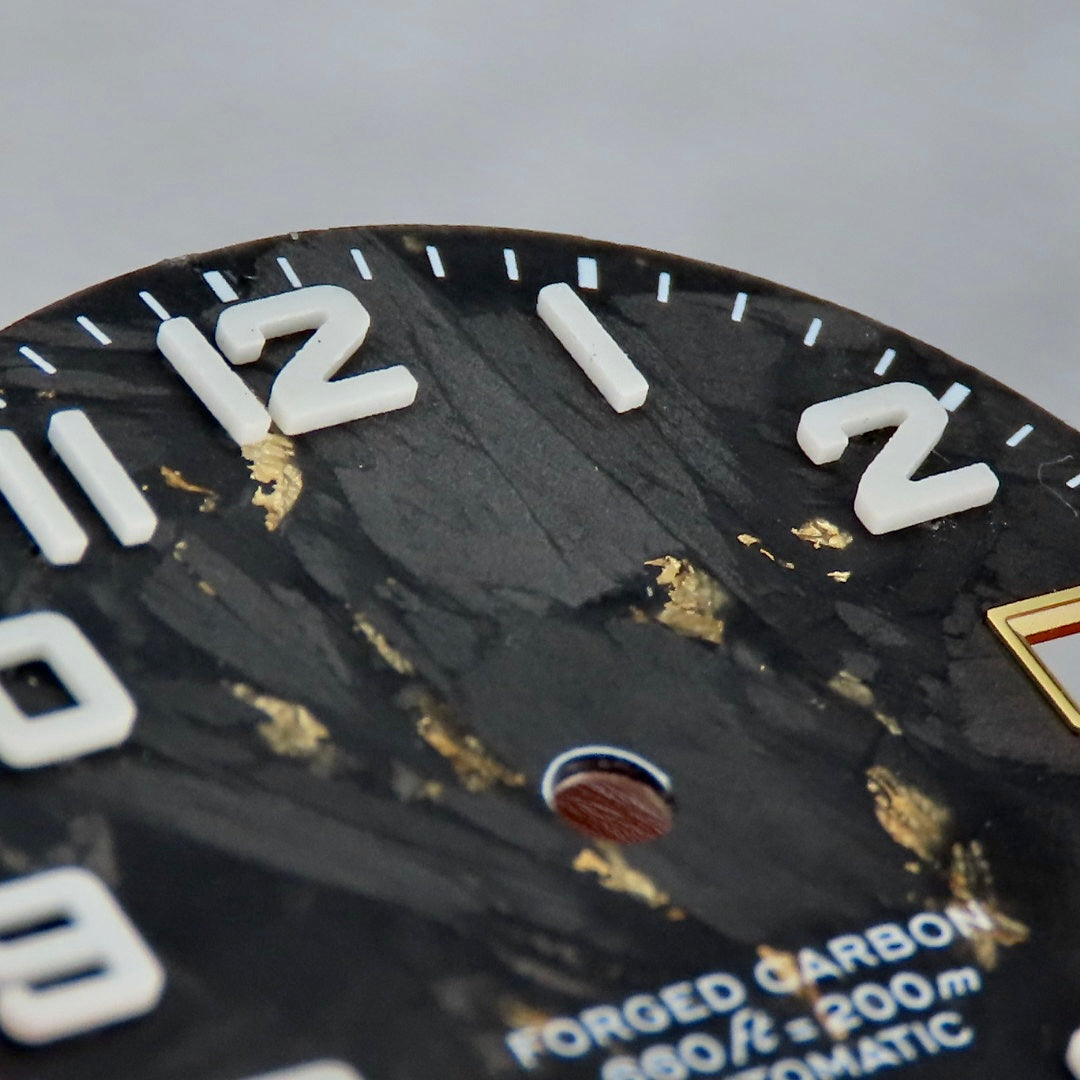 Dial Maker -  Black Forged Carbon Dial with Gold leaf, Metallic Veining BGW9 Lume