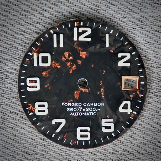 Dial Maker -  Black Forged Carbon Dial with RoseGold leaf, Metallic Veining BGW9 Lume