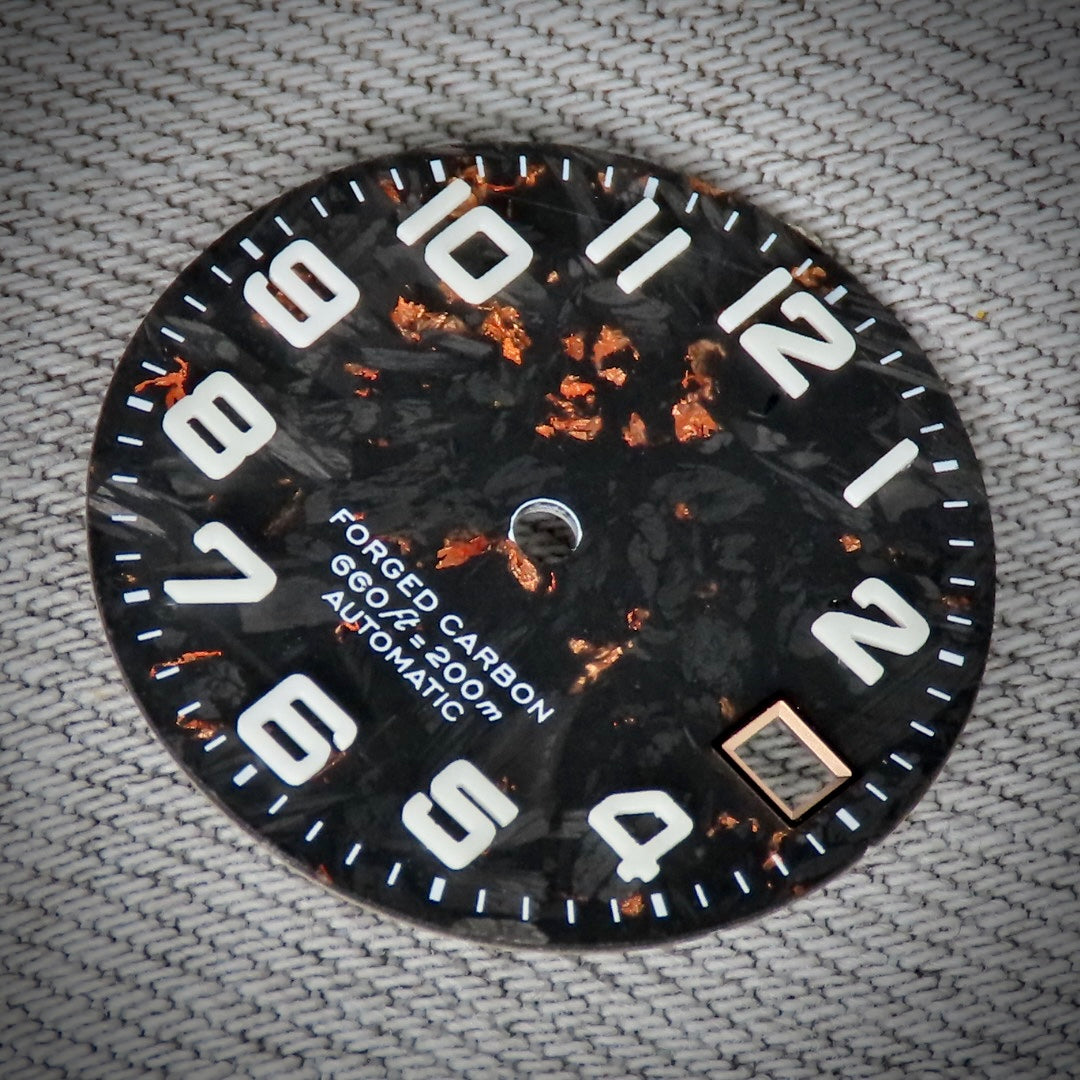 Dial Maker -  Black Forged Carbon Dial with RoseGold leaf, Metallic Veining BGW9 Lume