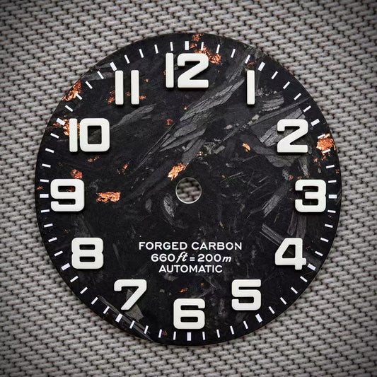 Dial Maker -  Black Forged Carbon Dial with RoseGold leaf,  BGW9 Lume Indices