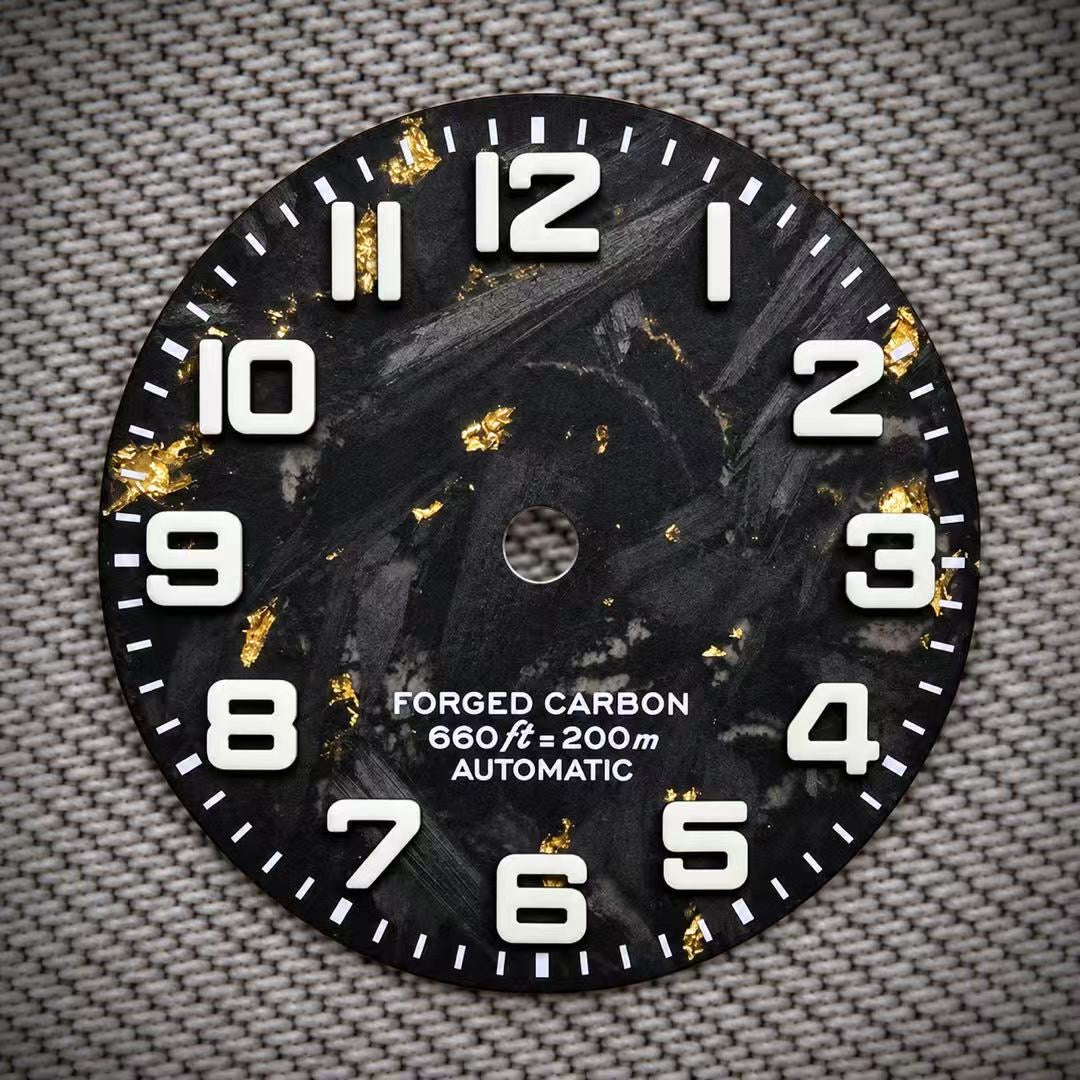 Dial Maker -  Black Forged Carbon Dial with Gold leaf, Metallic Veining BGW9 Lume