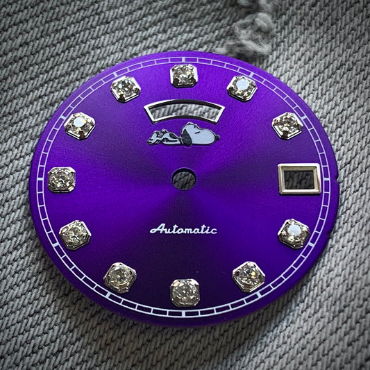 Dial maker -  Purple sunburst dial with white Gemstone /  Full  BGW9 lume day / date wheel For Seiko NH36 Movement