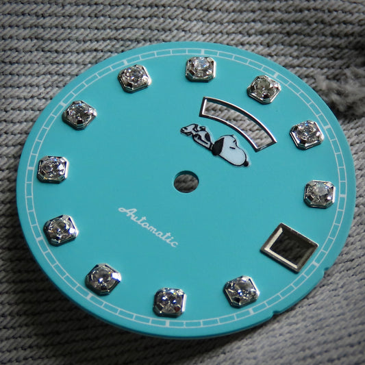 Dial maker -  Tiffany Blue dial with white Gemstone /  Full  BGW9 lume day / date wheel For Seiko NH36 Movement