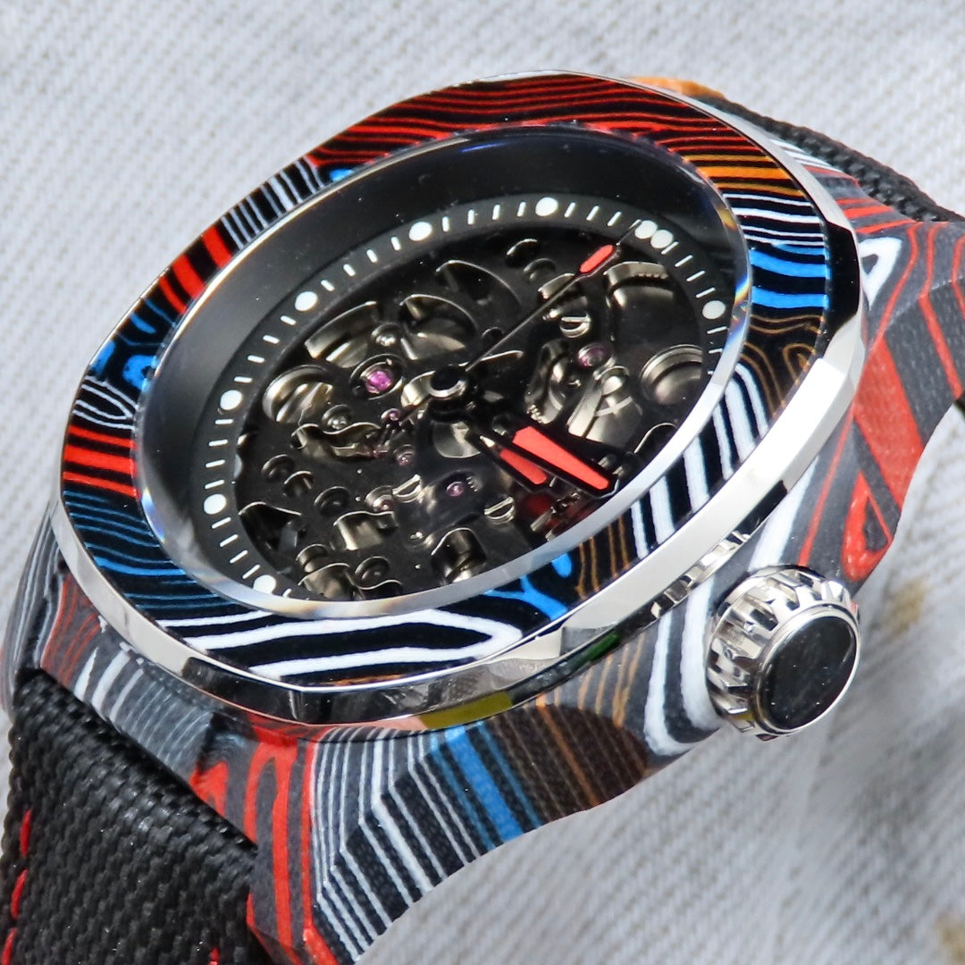 Dial Maker - DM05 Damascus Carbon Watch Rainbow colors -Skeleton movement